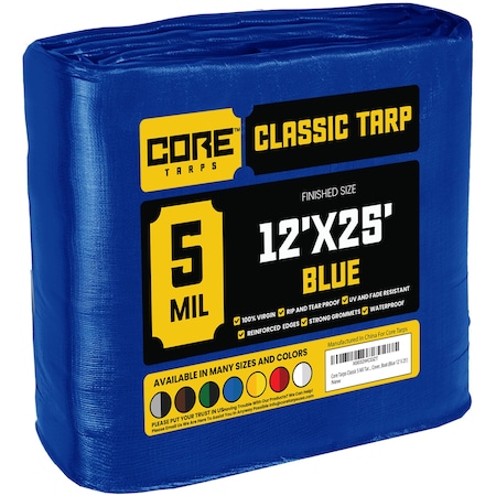 Core Tarps Heavy Duty Tarp, 25 ft L x 0.5 mm H x 12 ft W, 5 Mil, Blue, Polyethylene CT-505-12X25